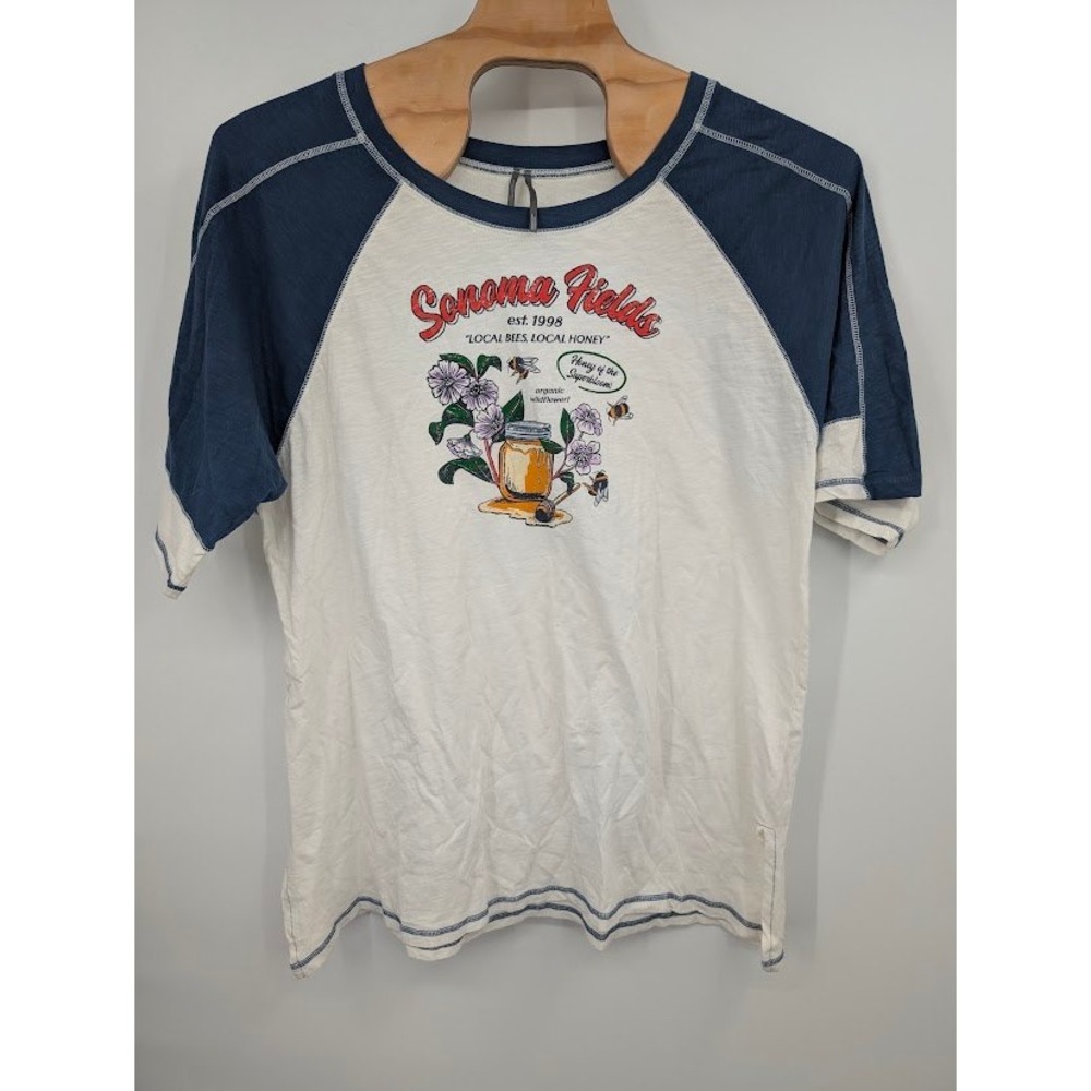 Anthropologie Oversize Graphic sleep t-shirt Sonoma Fields Raglan Cream Blue L